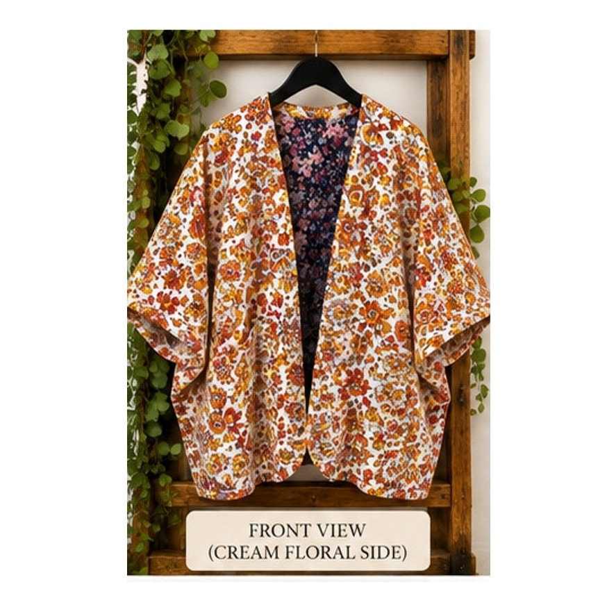 Retro 1970s Reversible Diamond Quilted Kimono Open Front Jacket OS