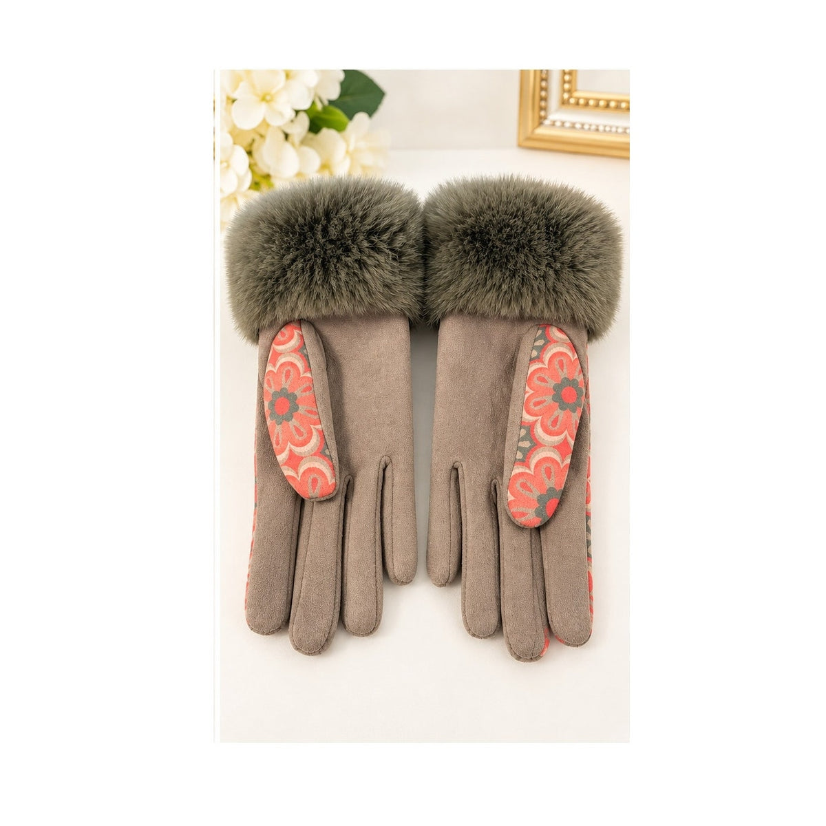 Powder Design Bernadette Faux Suede Fur Cuffed Gloves Floral Olive OS