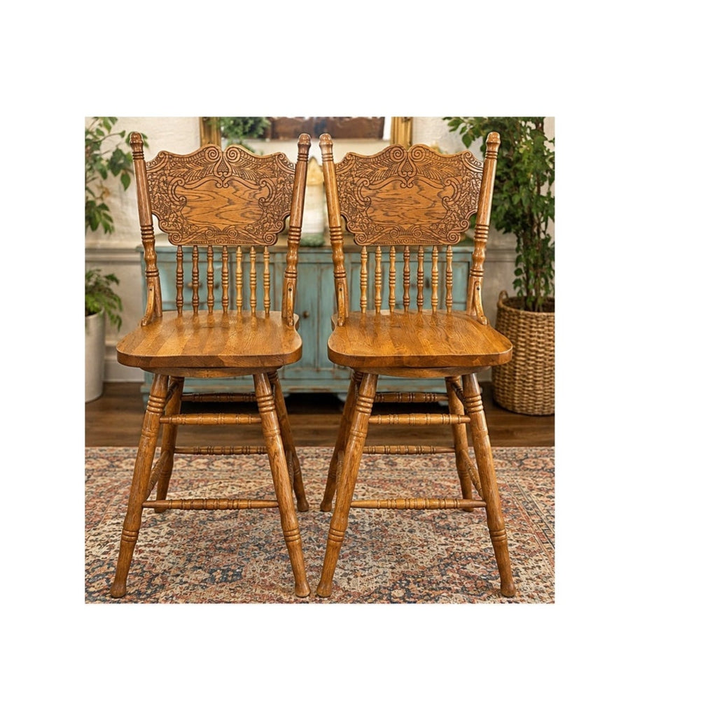 Pair Vintage Solid Oak Pressed Back Swivel Bar Stools