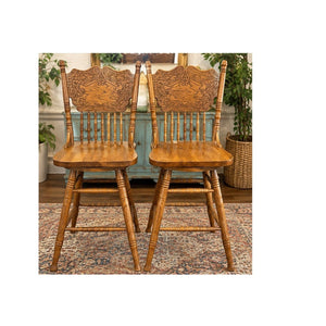 Pair Vintage Solid Oak Pressed Back Swivel Bar Stools
