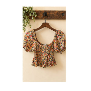Patrons of Peace Floral Smocked Puff Sleeve Crop Peasant Top S