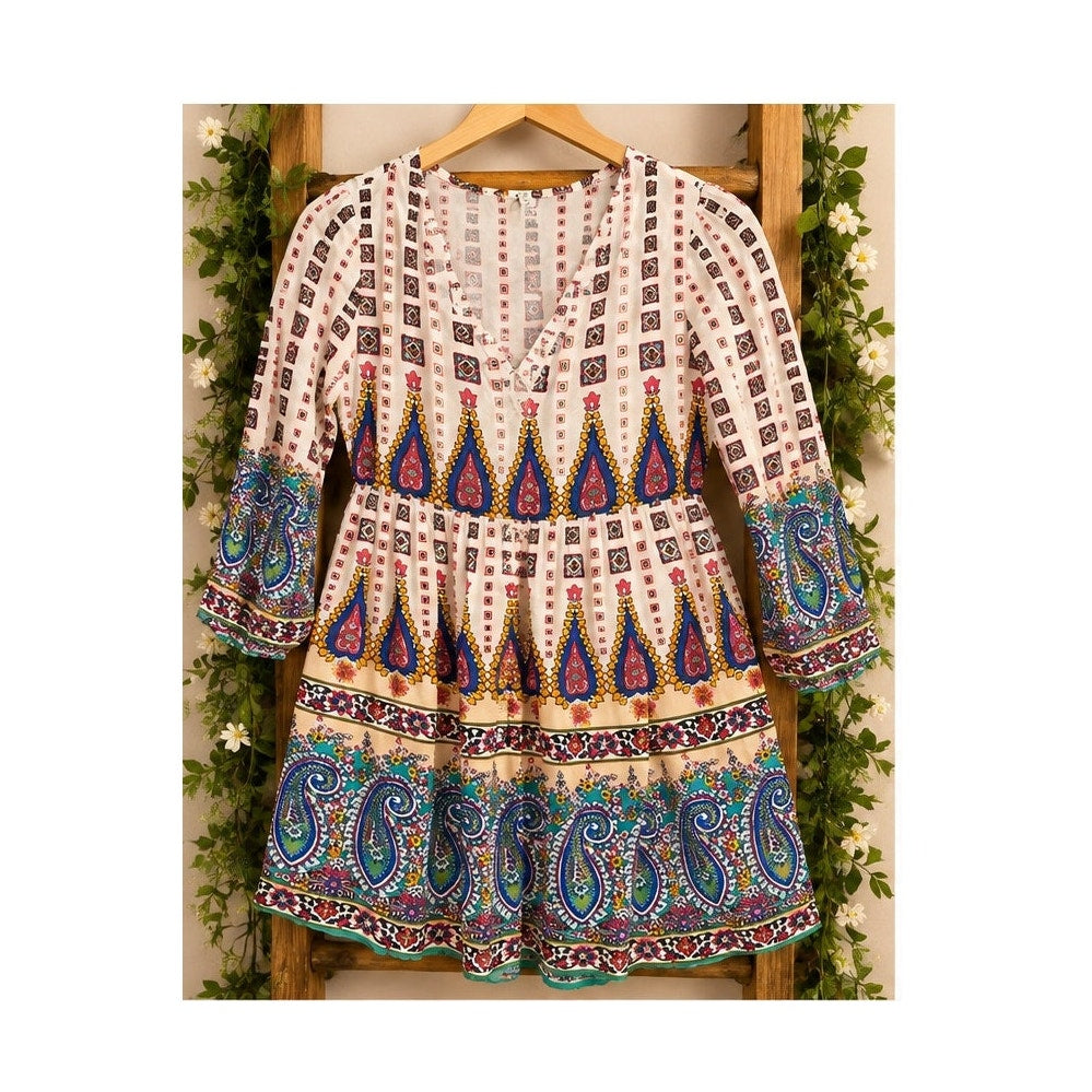 Umgee Women's Boho Paisley Geometric Print Tiered Bell Sleeve Tunic Dress XL