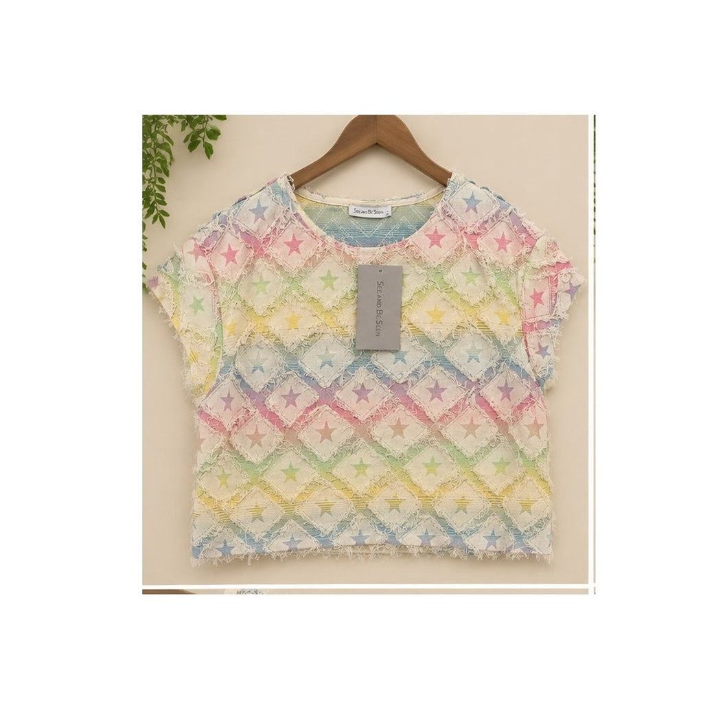 See And Be Seen Rainbow Star Fringed Denim Set - Large