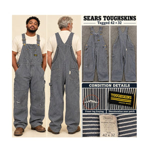 Vtg 70s Sears Toughskins Hickory Stripe Overalls Men 42x32 Union Made USA