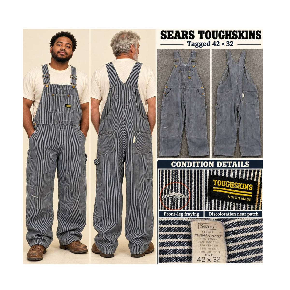 Vtg 70s Sears Toughskins Hickory Stripe Overalls Men 42x32 Union Made USA