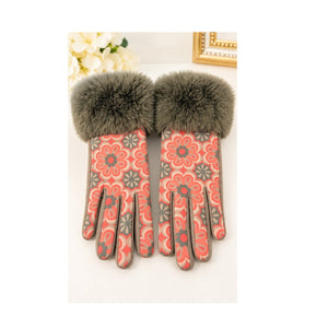 Powder Design Bernadette Faux Suede Fur Cuffed Gloves Floral Olive OS