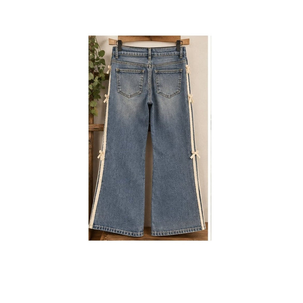 Dazy Bow Side Trim Wide Leg Jeans Medium Wash Blue Womens Size Medium