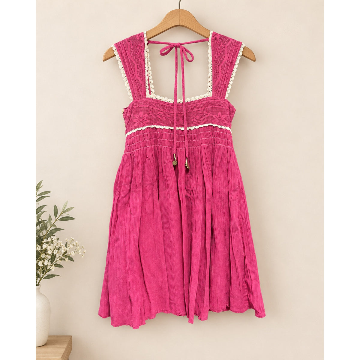 New Free People Coral Lace Trim Boho Mini Dress Large XS $148
