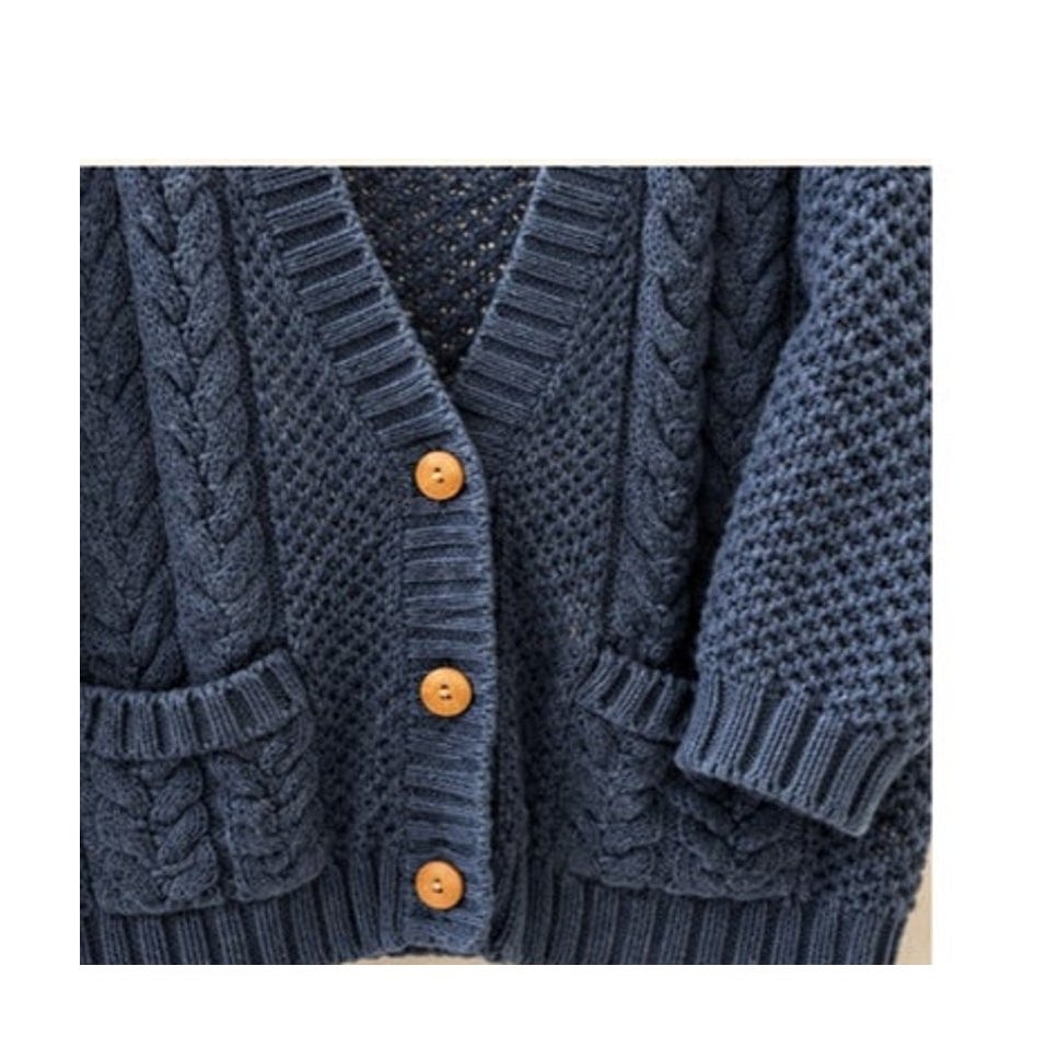 VTG 90s Chunky Wool Cable Knit Cardigan Grandpa Sweater Blue L M