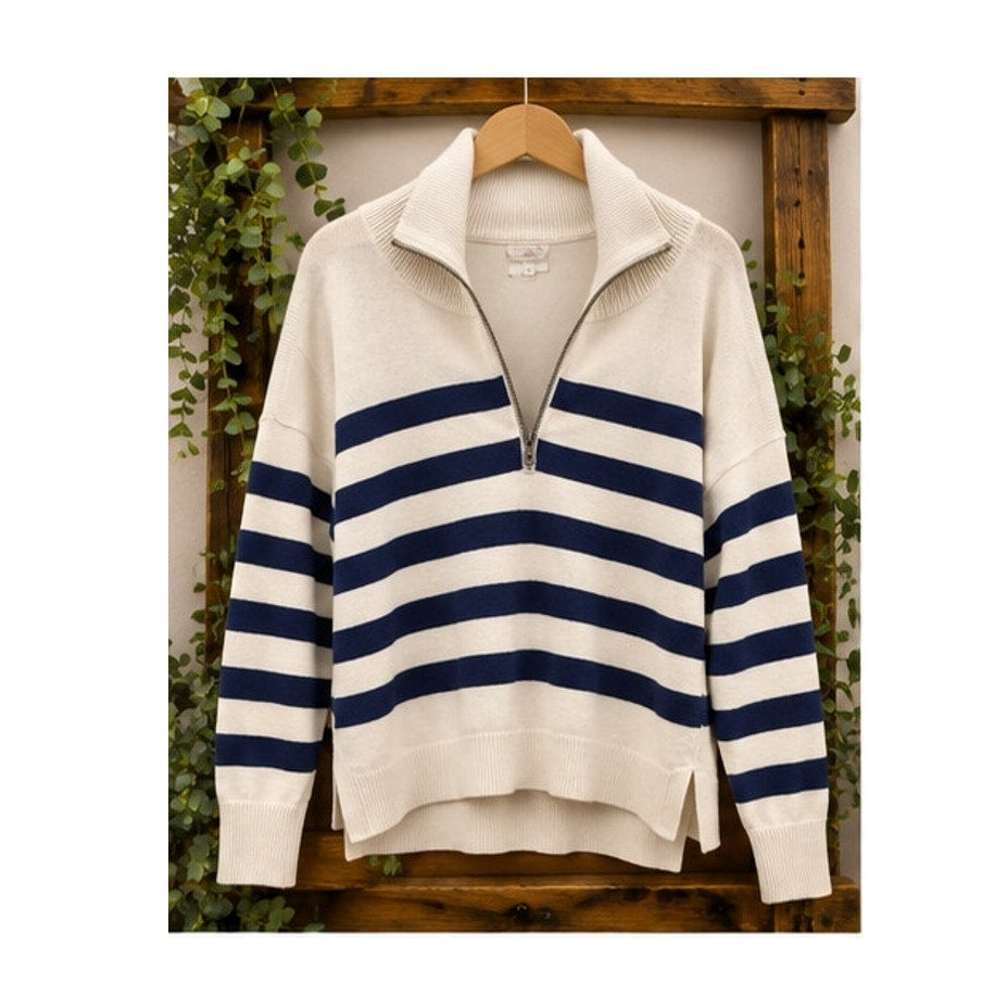 Free People Coastal Stripe Pullover Quarter Zip Sweater Cream Navy XS