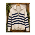 Free People Coastal Stripe Pullover Quarter Zip Sweater Cream Navy XS