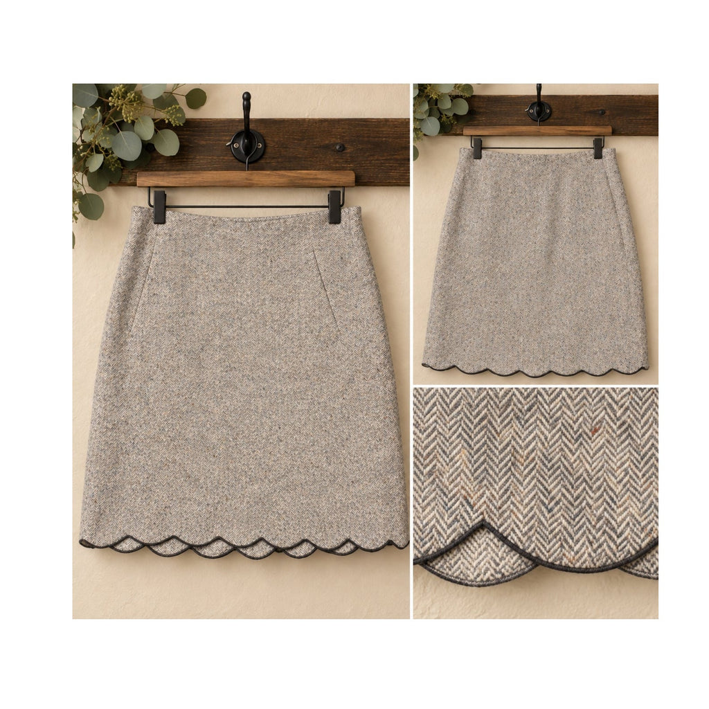 Talbots Size 4 Gray Herringbone Tweed Scalloped Hem A-Line Skirt