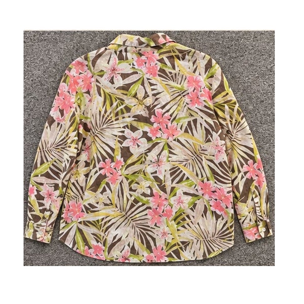 J. Jill Love Linen M Petite Tropical Palm Floral Button Up Blouse Top