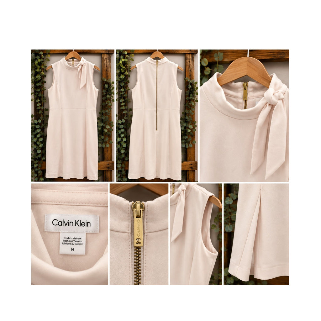 Calvin Klein Blush Pink Crepe Sheath Dress Size 14 Sleeveless High Neck Bow Tie