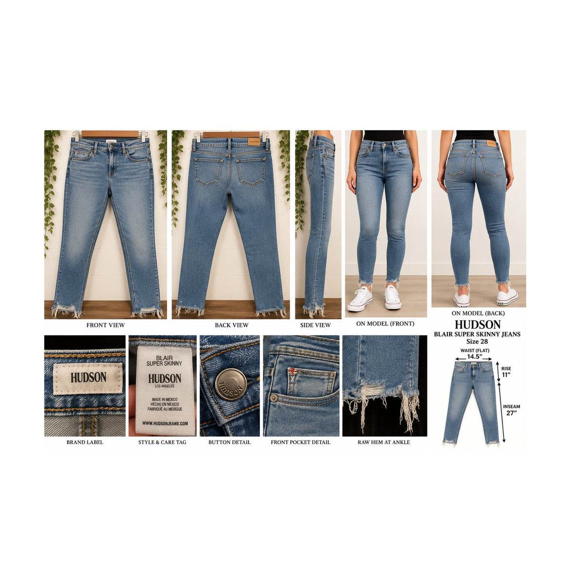 Hudson Blair Super Skinny Jeans Raw Hem Medium Wash Blue Womens Size 28