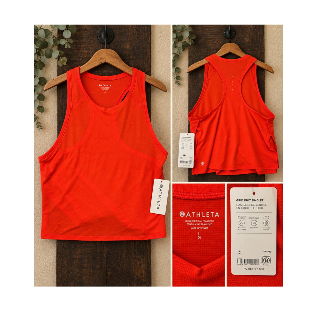 NWT Athleta Grid Knit Singlet Orange Red Racerback Tank Top Size L