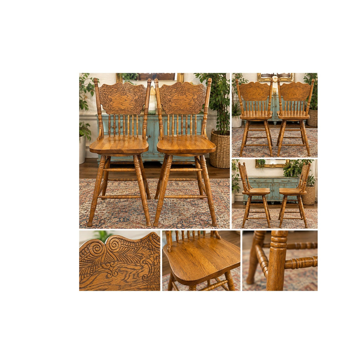 Pair Vintage Solid Oak Pressed Back Swivel Bar Stools