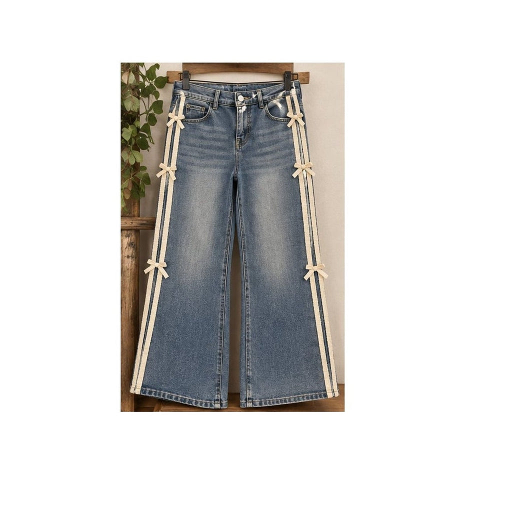 Dazy Bow Side Trim Wide Leg Jeans Medium Wash Blue Womens Size Medium