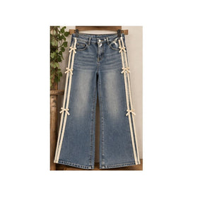Dazy Bow Side Trim Wide Leg Jeans Medium Wash Blue Womens Size Medium
