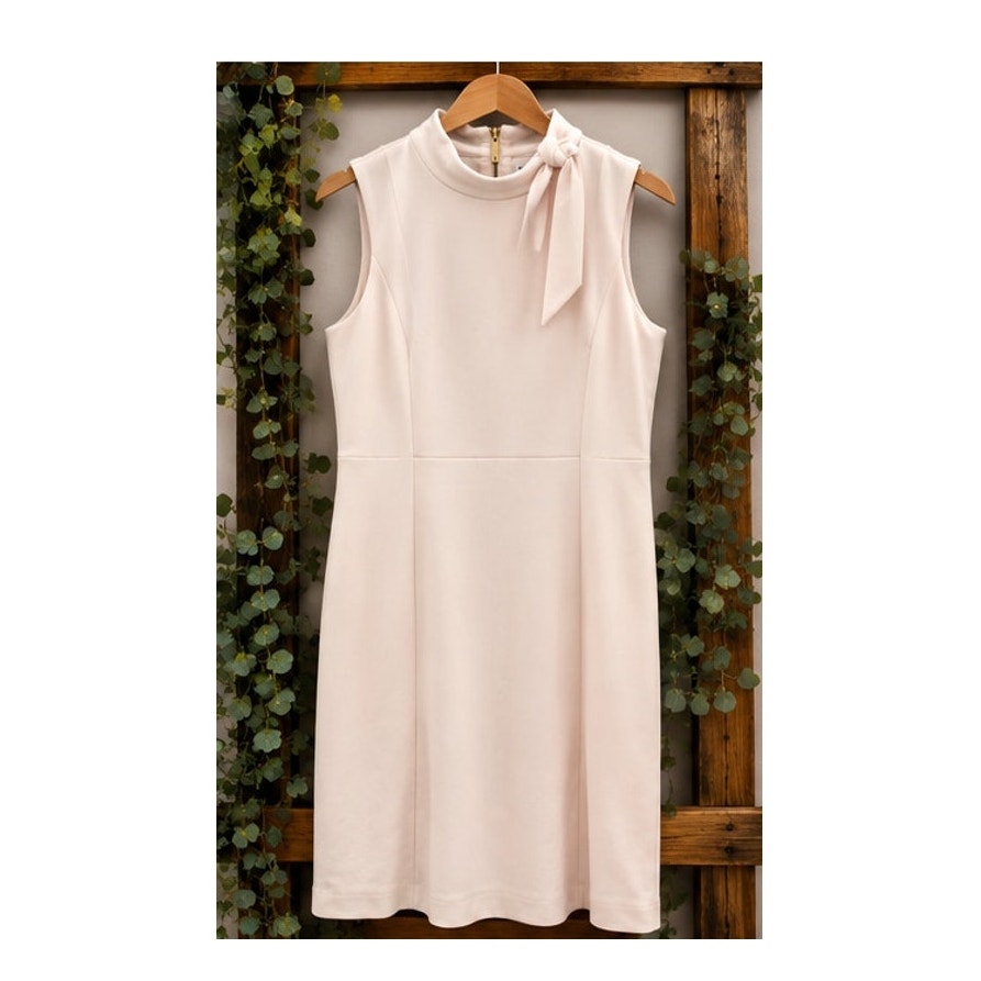 Calvin Klein Blush Pink Crepe Sheath Dress Size 14 Sleeveless High Neck Bow Tie