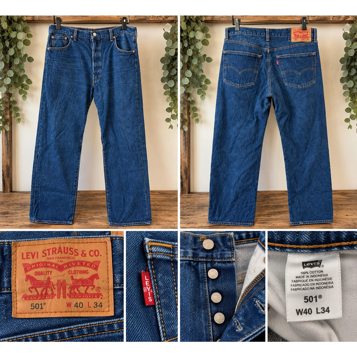 Levi's 501 Original Fit Jeans Men's 40x34 Blue Denim Button Fly Straight Leg