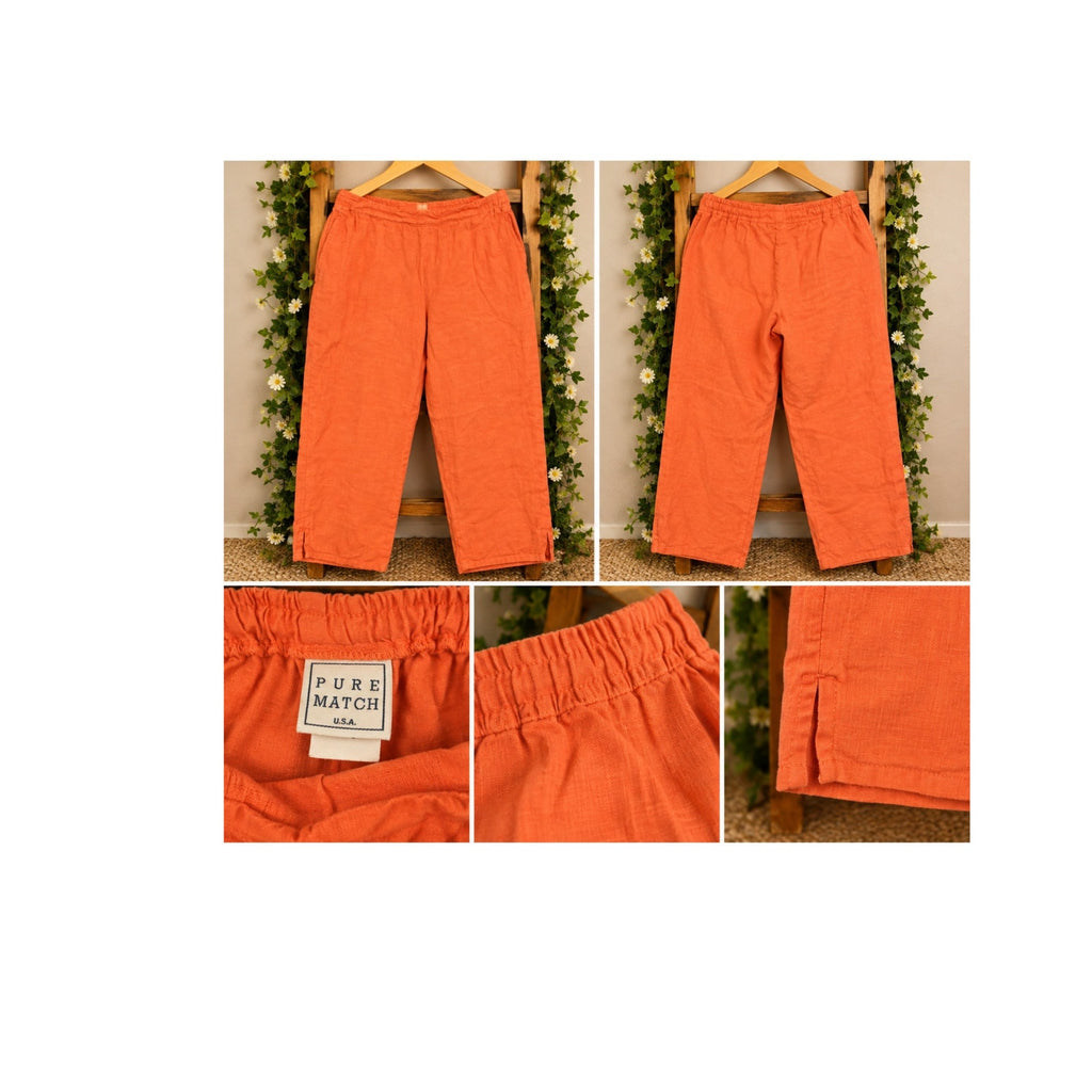 Pure Match USA 100% Linen Wide Leg Pants Orange Cropped Cuffed Slit Casual L