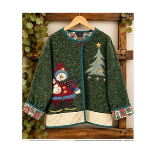 Vintage Whimsical Christmas Snowman Applique Knit Jacket | Large