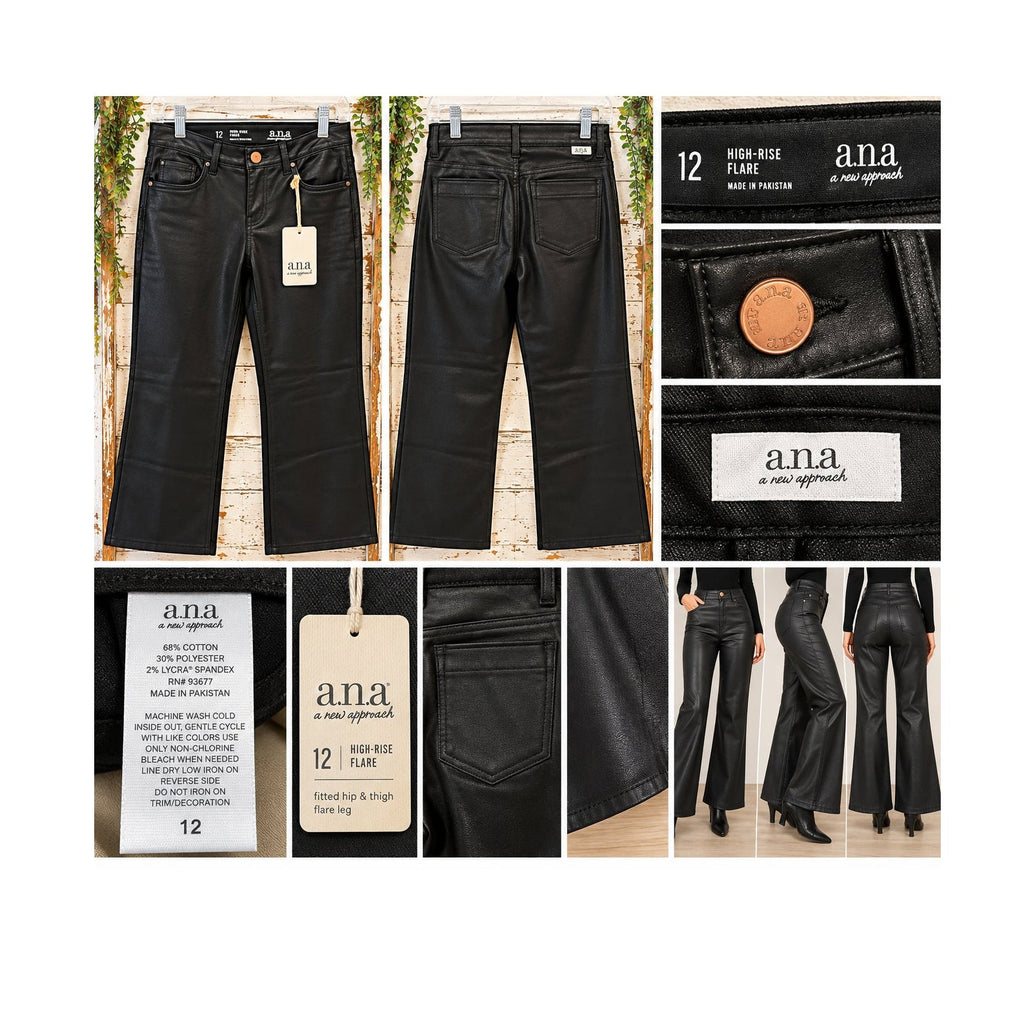 NWT a.n.a Womens 12 High Rise Flare Faux Leather Coated Black Pants
