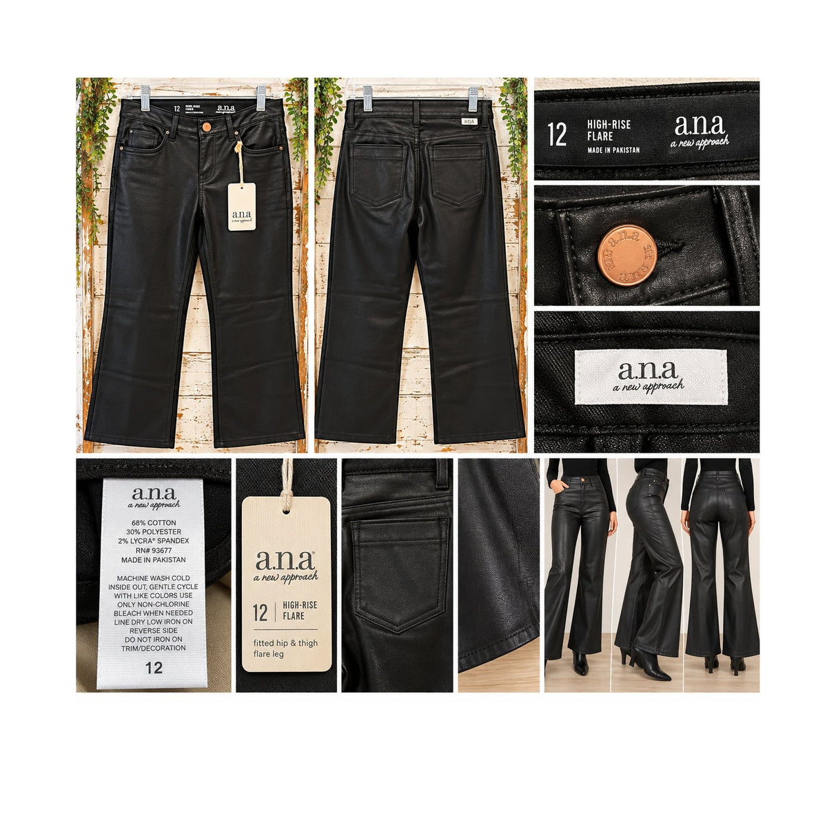 NWT a.n.a Womens 12 High Rise Flare Faux Leather Coated Black Pants
