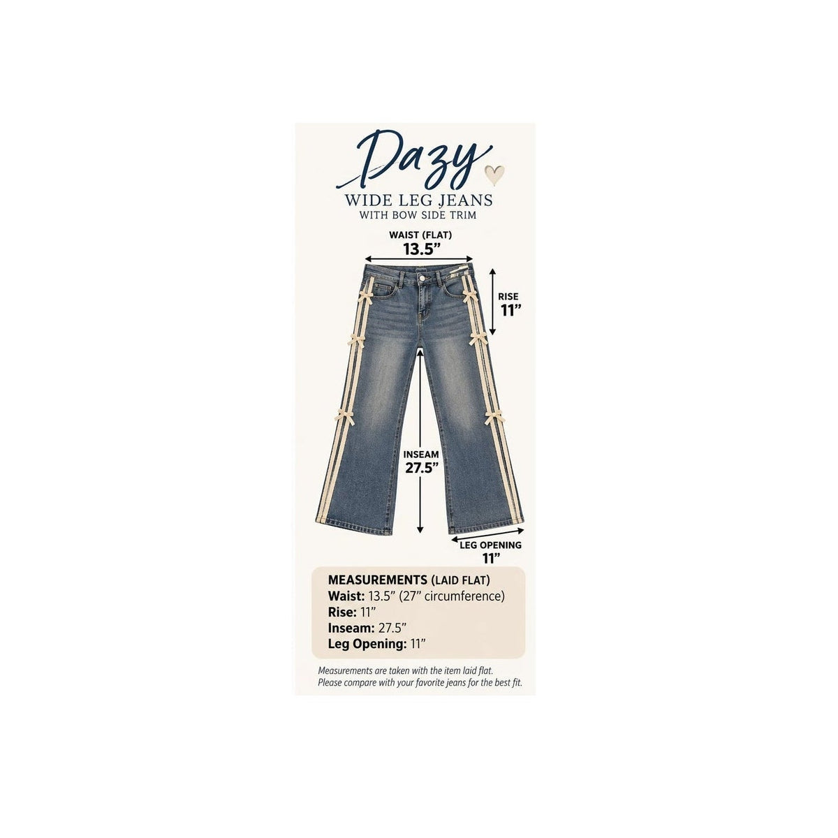 Dazy Bow Side Trim Wide Leg Jeans Medium Wash Blue Womens Size Medium