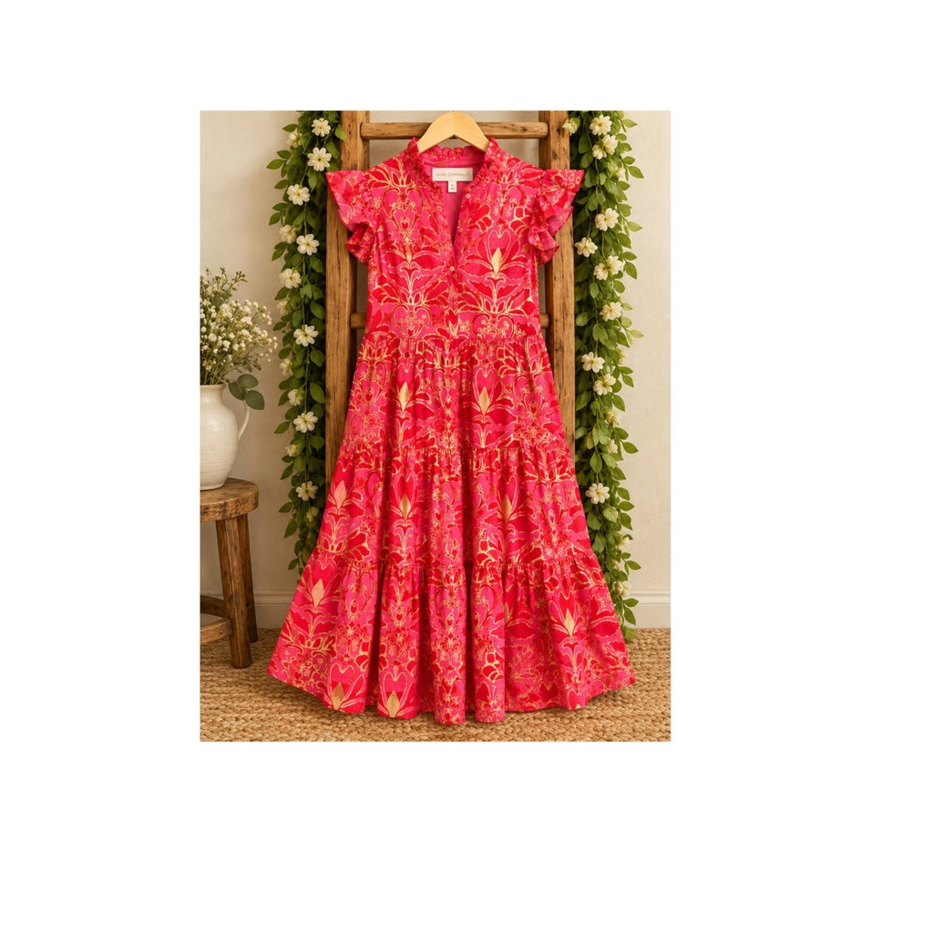 Jude Connally Mirabella Pink Metallic Gold Imperial Garden Voile Maxi Dress M