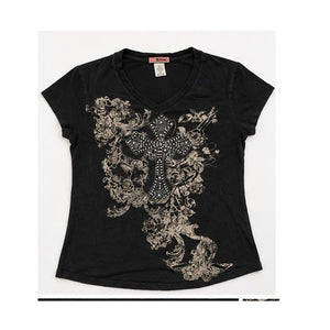 Vintage Y2K Brand Rhinestone Gothic Cross Filigree Graphic V-Neck Tee Black L