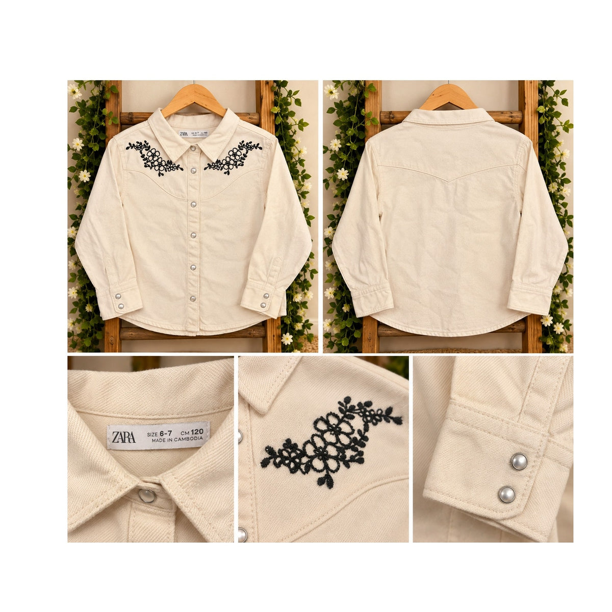 Zara Kids Embroidered Western Denim Snap-Front Shirt in a Size 6-7