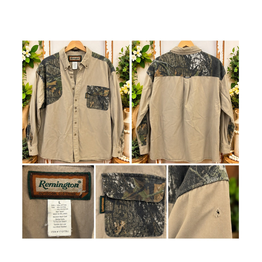 Vintage Remington Camo Patchwork Button Down Hunting Shirt Mens Large Distressed
