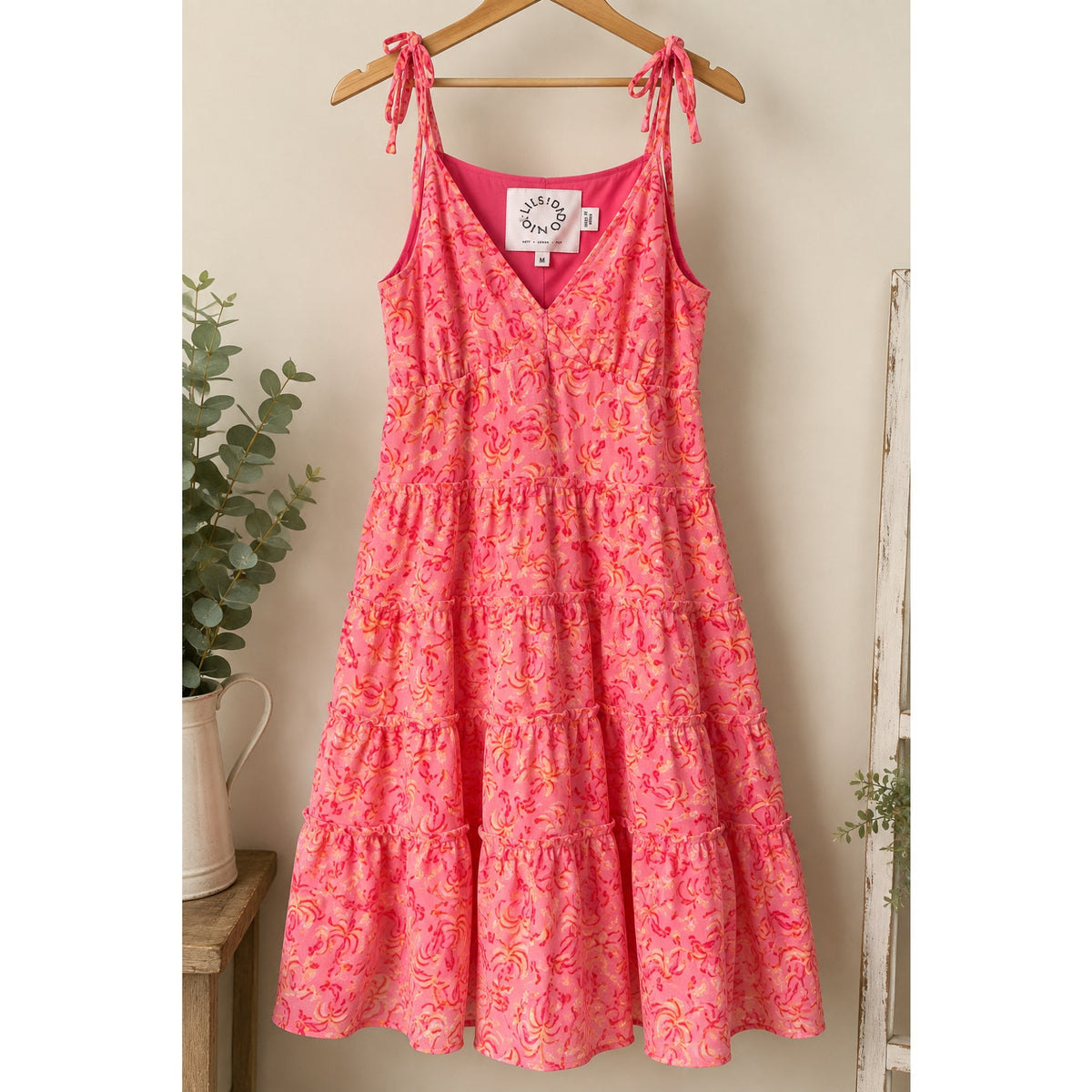 Tuckernuck Lili Sidonio Pink Orange Floral Tiered Midi Dress Size M Tie Strap V