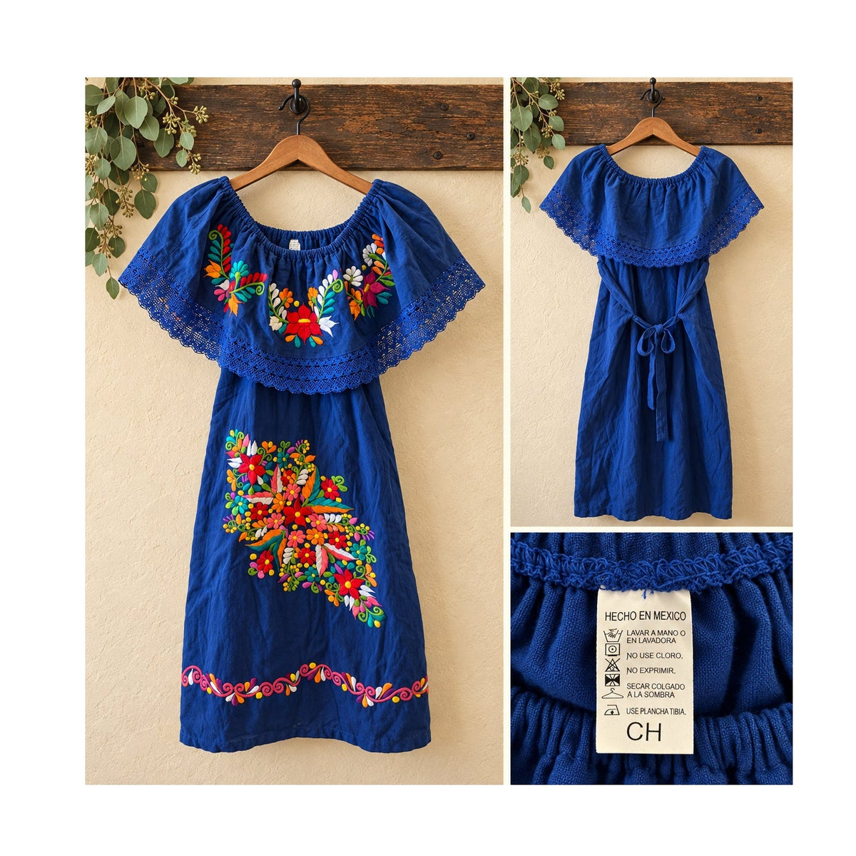 Authentic Made in Mexico Blue Off Shoulder Embroidered Fiesta Dress CH