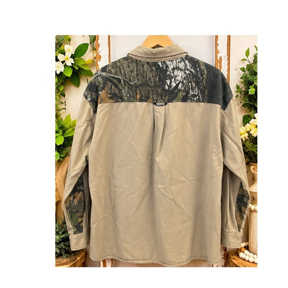 Vintage Remington Camo Patchwork Button Down Hunting Shirt Mens Large Distressed